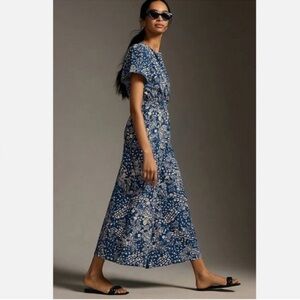 Anthropologie Somerset Blue White Cream Floral Jumpsuit Cropped Leg Size XS